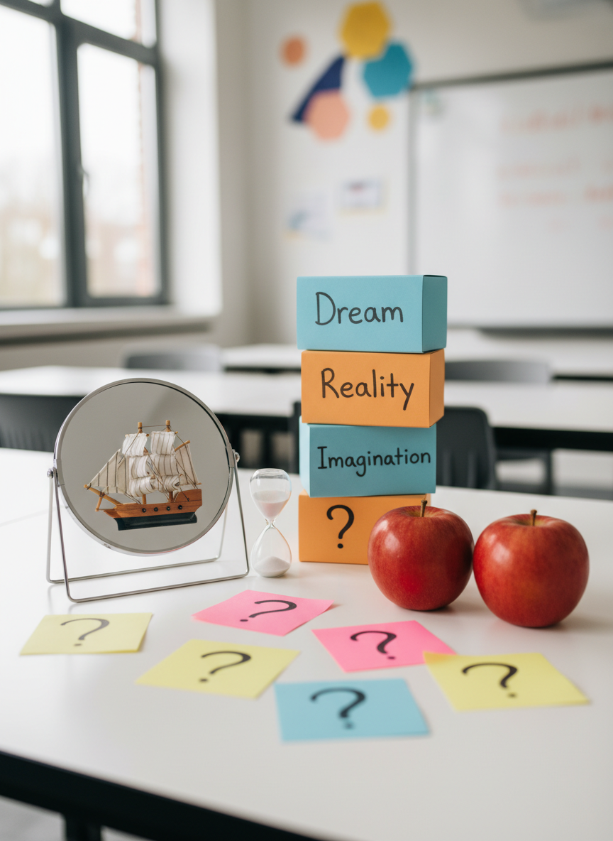 A whimsical still life of everyday objects arranged to represent classic philosophical puzzles: a small mirror reflecting a wooden toy ship, a pair of identical-looking bright red apples side by side, a tiny hourglass, and a stack of labeled boxes reading “Dream,” “Reality,” and “Imagination.” These objects sit on a smooth white tabletop in a modern classroom, with a few colorful sticky notes bearing handwritten question marks scattered around. Soft, diffused overcast light from a large nearby window creates minimal shadows and a clean, modern feel. Photographic realism with a centered, eye-level composition and shallow depth of field emphasizes the objects while leaving the back wall as a gentle blur. The atmosphere is playful, thought-provoking, and slightly mysterious, ideal for middle school philosophy themes.