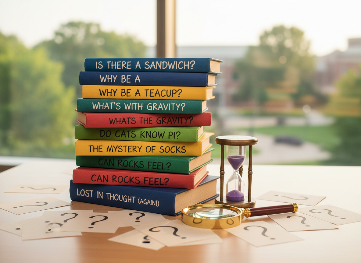 A colorful stack of well-worn philosophy books, featuring playful titles about big questions, arranged in a loose spiral on a light wooden table. Around the books lie scattered index cards with handwritten question marks, a shiny brass magnifying glass, and a small hourglass with bright purple sand mid-fall. In the background, a large window reveals a soft, defocused view of a leafy campus quad. Late afternoon natural light pours in, casting warm, gentle shadows and subtle highlights on the book spines. Photographic realism, shot at eye level with a shallow depth of field, creates a curious, inviting mood that feels playful yet intellectually engaging, perfect for a philosophy summer camp landing page.