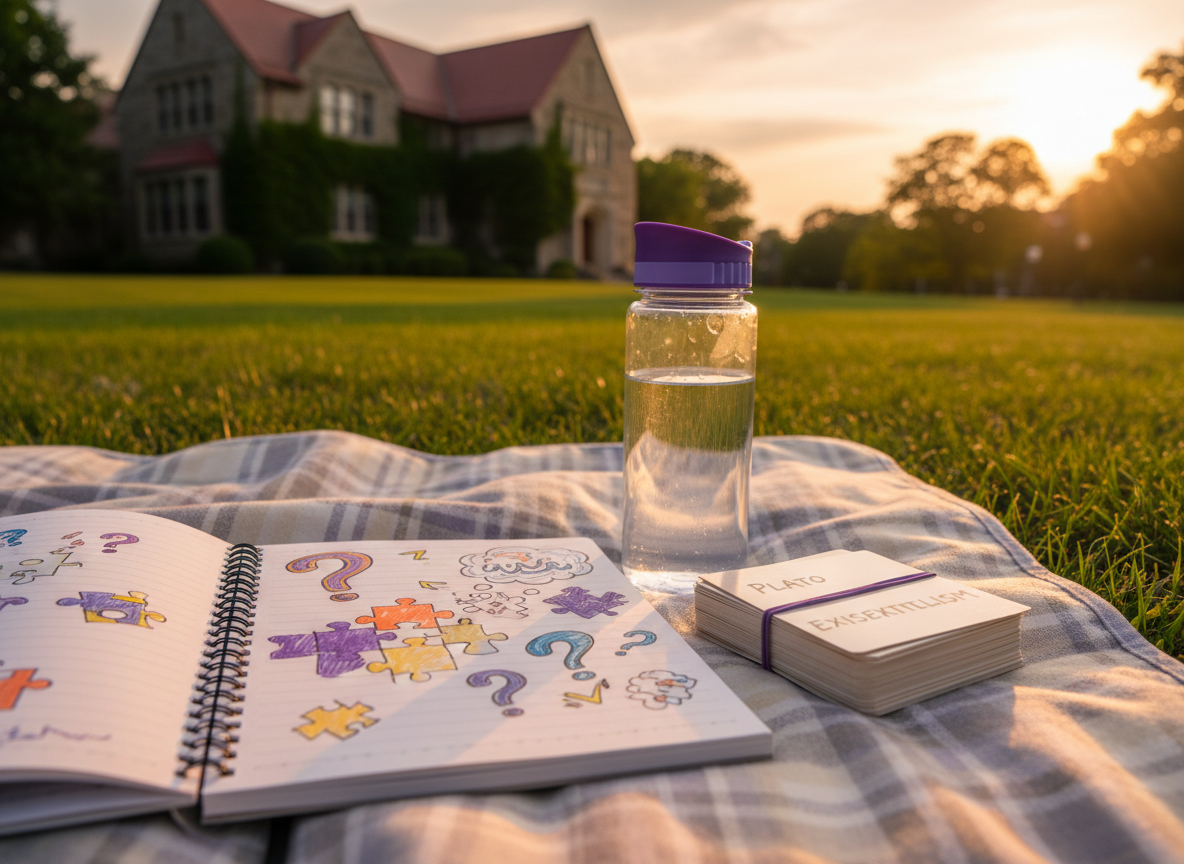 An inviting JMU campus scene featuring a stone building with the iconic red roof in soft focus in the background, while the foreground showcases a picnic blanket spread on the grass. On the blanket rests an open notebook filled with colorful doodles of question marks, puzzle pieces, and speech bubbles, alongside a stack of philosophy-themed flashcards and a clear water bottle with a JMU-purple lid. Early summer golden-hour sunlight bathes the scene, casting long, soft shadows and creating a warm, nostalgic glow. Photographic realism, shot from a low, close-up angle with the notebook in sharp focus and the campus gently blurred behind. The mood is playful, optimistic, and intellectually adventurous, evoking a summer camp feel without showing any people.