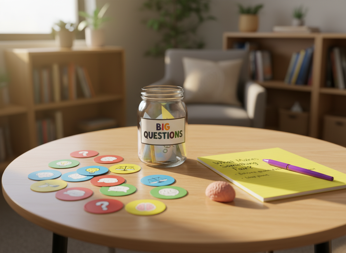 A round, light maple classroom table covered with philosophical activity materials: a colorful set of question cards with icons like tiny brains, lightbulbs, and scales; a clear jar filled with folded paper prompts labeled “BIG QUESTIONS”; and a bright yellow notebook open to a page titled “What Makes Something Fair?” in neat handwriting. Beside it lies a shiny purple pen and a small rubber brain-shaped eraser. Soft morning sunlight streams through an unseen window, creating gentle highlights on the tabletop and soft shadows around the jar. Photographic realism, captured from a slightly elevated angle with shallow depth of field, keeps the jar and notebook in sharp focus while blurring a cozy, book-filled classroom background. The atmosphere is warm, curious, and playful.