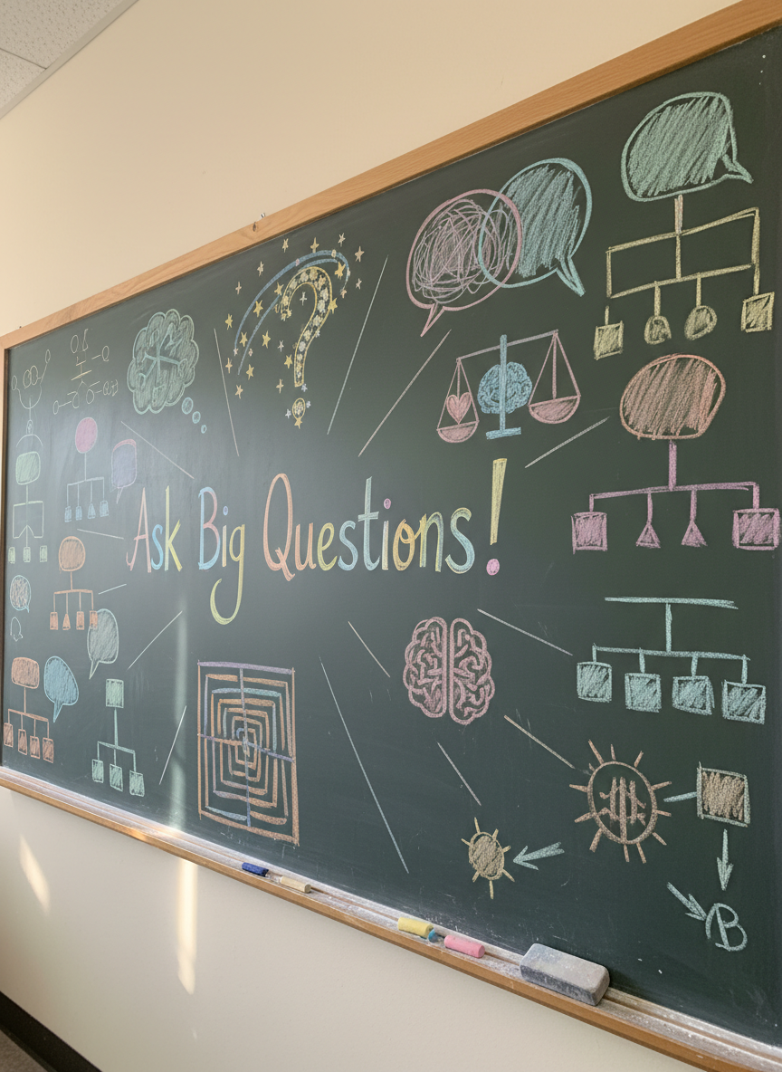 A large chalkboard filled with neatly drawn, colorful philosophical symbols: a branching thought bubble, a stylized question mark made of stars, a simple maze, and a balanced scale. Bright pastel chalk diagrams of logic trees and speech bubbles radiate from a central phrase, “Ask Big Questions!” in bold, handwritten letters. A wooden chalk ledge holds stubby, dust-covered chalk pieces and a soft eraser. Overhead classroom lighting mixes with diffused daylight from an unseen window, producing a clear, evenly lit photographic scene. Shot from a slightly angled, medium-distance perspective with sharp focus throughout, the mood is playful, energetic, and intellectually stimulating, evoking an imaginative middle school learning environment without any people present.