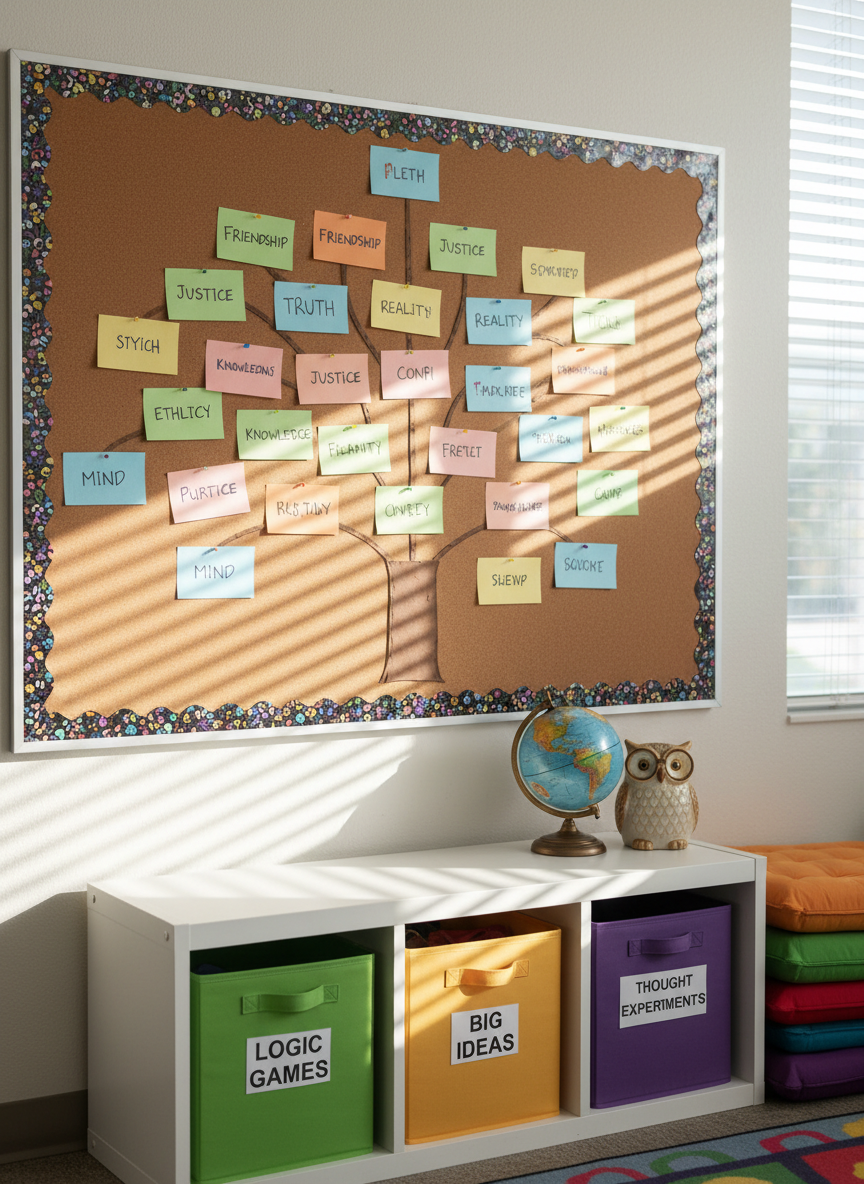 A bright, organized classroom corner dedicated to a philosophy summer camp, photographed without any people. A cork bulletin board displays colorful index cards pinned in a branching “tree of questions” pattern, with topics like “Friendship,” “Truth,” and “Justice” written in playful marker fonts. Below, a low white shelf holds bins labeled “Logic Games,” “Big Ideas,” and “Thought Experiments,” alongside a small globe and a quirky ceramic owl. Natural afternoon light filters through blinds, creating soft streaks of light across the bulletin board and gentle shadows along the shelf. Photographic realism, captured from a three-quarter angle with moderate depth of field, keeps the question tree in clear focus. The mood is energetic, curious, and welcoming, perfect for showing a middle school-friendly philosophy space.